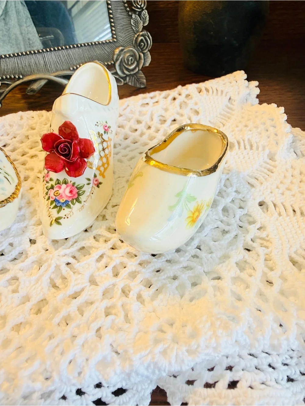 Vintage Porcelain Shoe Trio-English Trinket Box-Crochet Runner Bundle